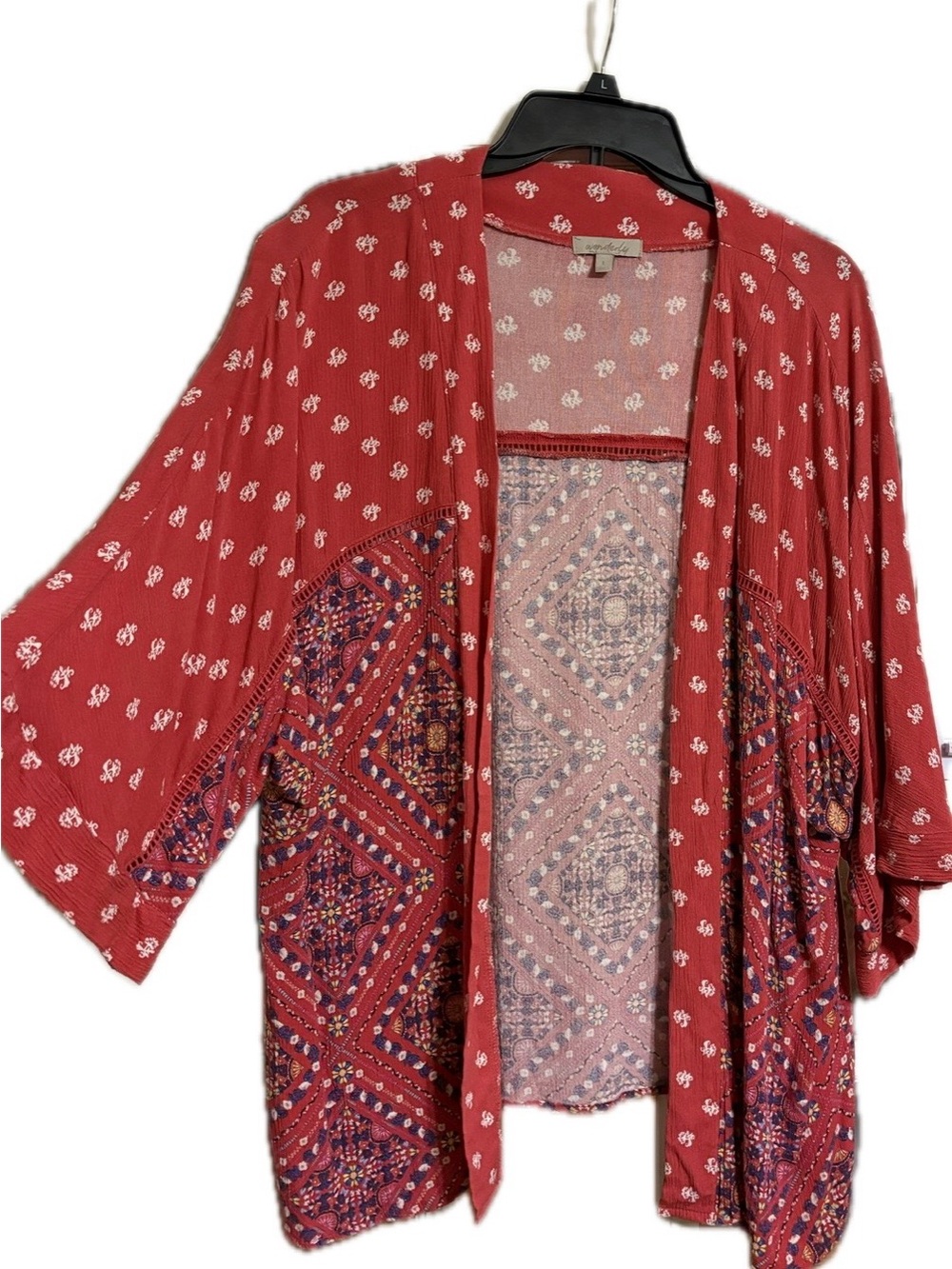 Wonderly Red Boho Mixed Print Kimono Cardigan Open Front Size L